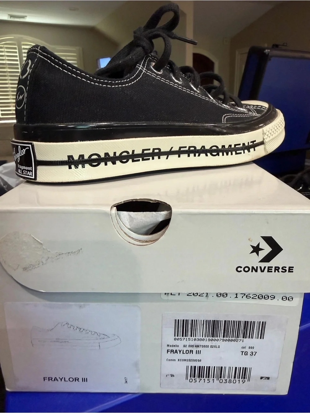 Moncler Black Low-Top Canvas Sneakers with White Toe Cap. UNISEX M-4.5 W-6.5